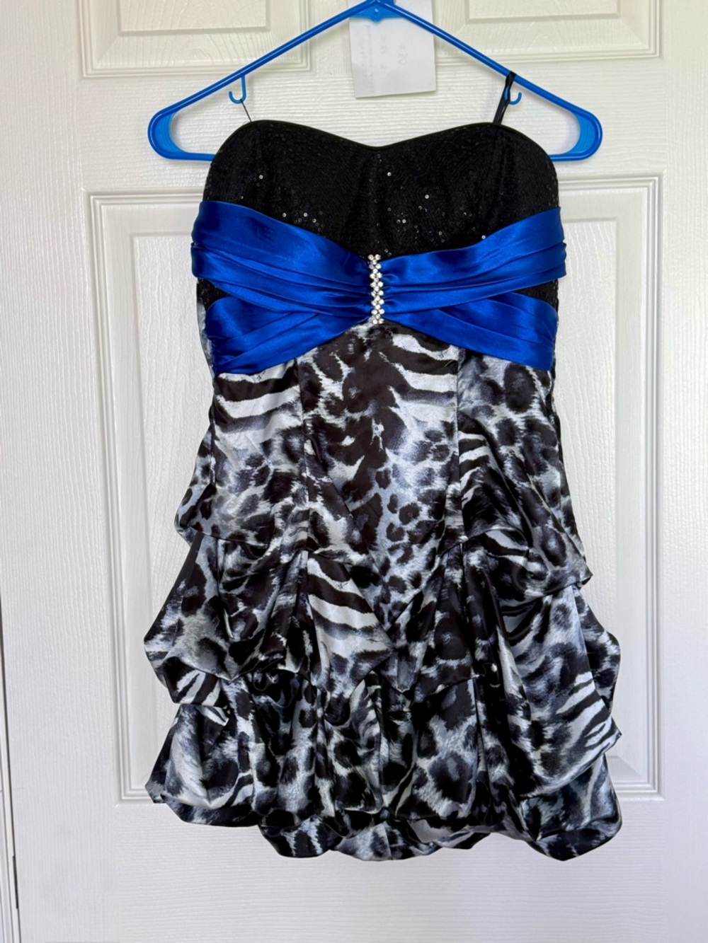 Strapless Black & Royal Blue Animal-Print Party Dress